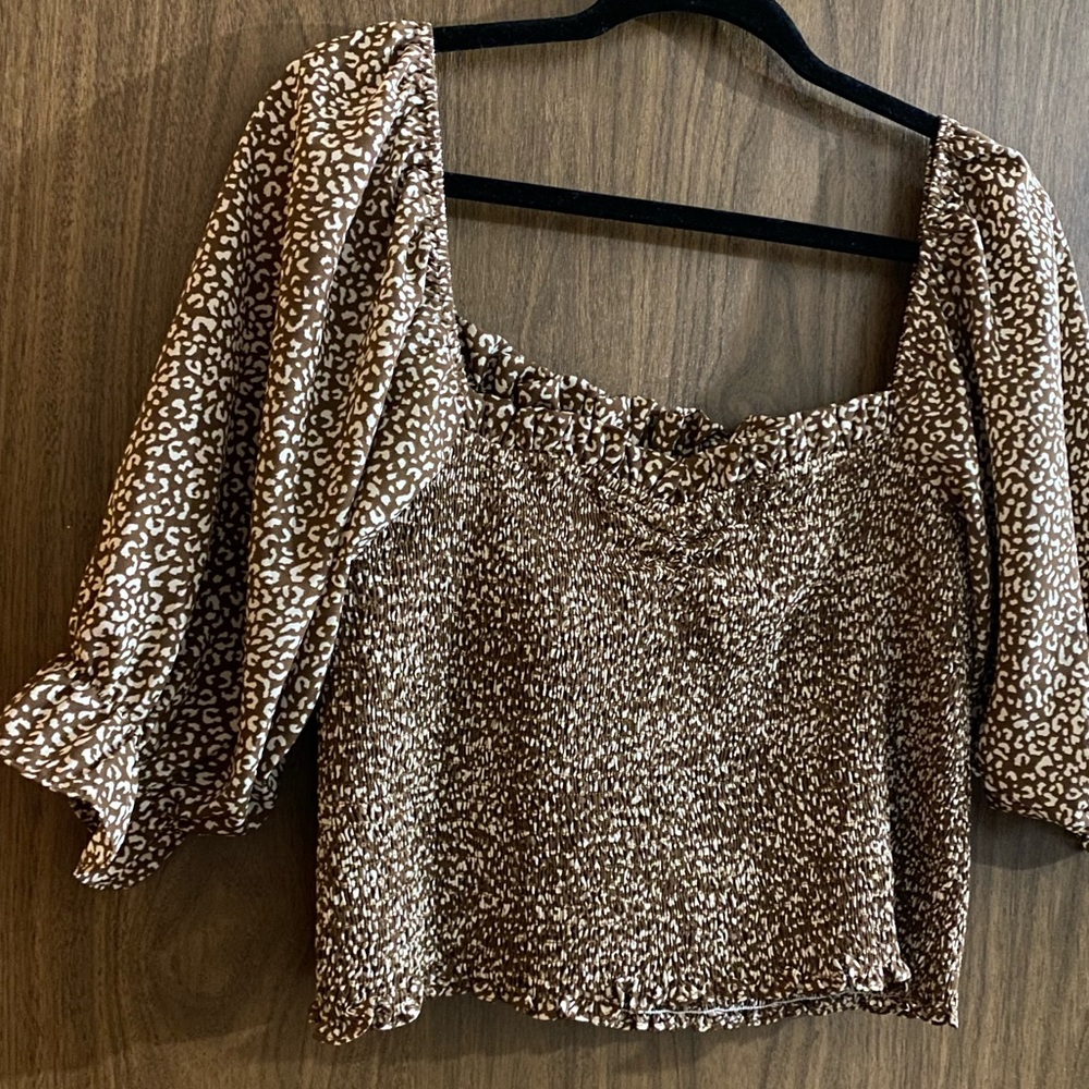 Kittenish cropped ruched summer top Brown & white leopard print flattering XXL